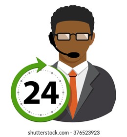 Call Center operator service and support around the clock or 24 hours and 7 days a week man avatar flat style icon isolated on white background. Vector illustration