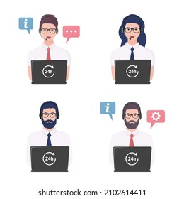 Call center operator set. Online support service. Colored vector flat illustration. Isolated on white background.