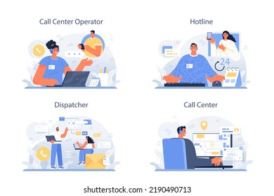 Call center operator set. Technical support or customer service. Hotline consultant helps a customer providing them with valuable information. Flat vector illustration
