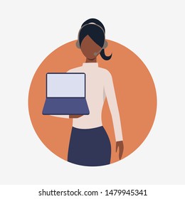 Call center operator showing laptop. Customer support phone worker with headset, 24 7, female. Customer support concept. Vector illustration for presentation slide, poster, projects