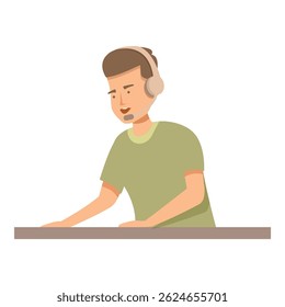 Call center operator is speaking into a headset while working at his desk