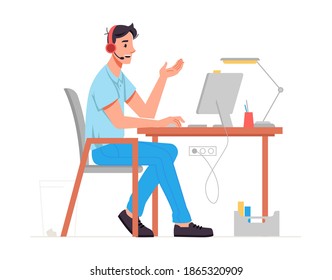 Operador de centro de llamadas o especialista en servicio de asistencia o línea telefónica directa que habla con el cliente utilizando audífonos con micrófono. Hombre trabajando en oficina o en casa, consultando. Caricatura, vector de estilo plano