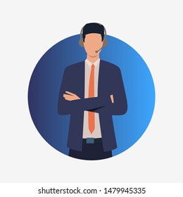 Call center operator standing with arms across. Customer support phone worker with headset, 24 hours 7 days, male. Customer support concept. Vector illustration for presentation slide, poster, new