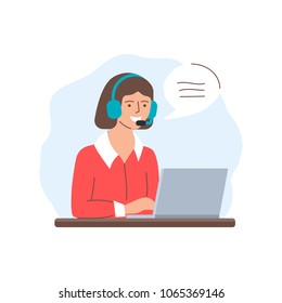 Call center operator, support, customer service. Vector illustration of a woman with headphones sitting at the table and working on the laptop
