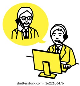 Call center operator talking with man. Vector illustration.