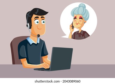 Call Center Operator Talking to a Senior Customer Vector Cartoon. Elderly woman calling customer service asking for a phone consultation for her problems
