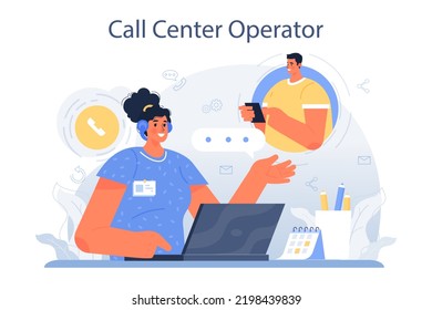 Call center operator. Technical support or customer service. Hotline consultant helps a customer providing them with valuable information. Flat vector illustration