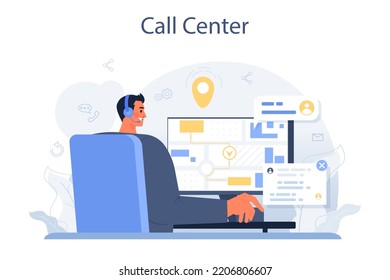 Call center operator. Technical support or customer service. Hotline consultant helps a customer providing them with valuable information. Flat vector illustration