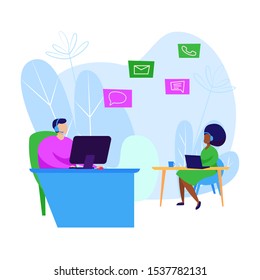 Call center operator using computers landing page. Wearing headsets, workplace, desktop. Business concept. Vector illustration for topics like customer support, helpline, contact