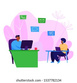 Call center operator using computers webpage. Wearing headsets, workplace, desktop. Business concept. Vector illustration for topics like customer support, helpline, contact