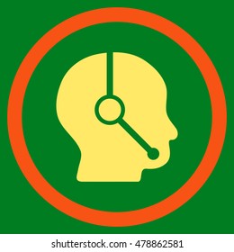 Call Center Operator vector bicolor rounded icon. Image style is a flat icon symbol inside a circle, orange and yellow colors, green background.