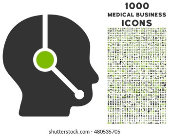 Call Center Operator vector bicolor icon with 1000 medical business icons. Set style is flat pictograms, eco green and gray colors, white background.