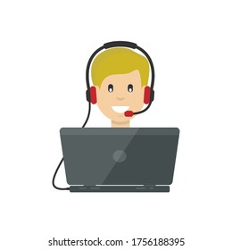 call center operator vector icon. Man behind a laptop in headphones