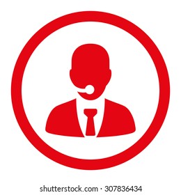 Call center operator vector icon. This rounded flat symbol is drawn with red color on a white background.