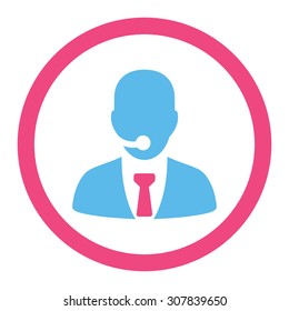 Call center operator vector icon. This rounded flat symbol is drawn with pink and blue colors on a white background.
