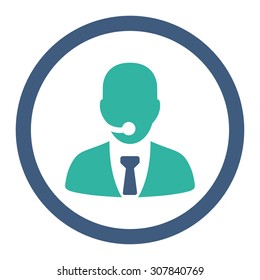 Call center operator vector icon. This rounded flat symbol is drawn with cobalt and cyan colors on a white background.