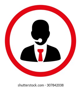 Call center operator vector icon. This rounded flat symbol is drawn with intensive red and black colors on a white background.