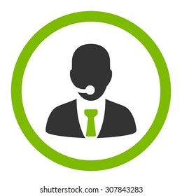 Call center operator vector icon. This rounded flat symbol is drawn with eco green and gray colors on a white background.