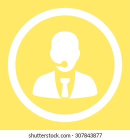 Call center operator vector icon. This rounded flat symbol is drawn with white color on a yellow background.