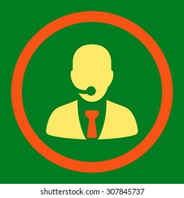 Call center operator vector icon. This rounded flat symbol is drawn with orange and yellow colors on a green background.