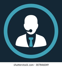 Call center operator vector icon. This rounded flat symbol is drawn with blue and white colors on a dark blue background.