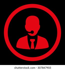 Call center operator vector icon. This rounded flat symbol is drawn with red color on a black background.