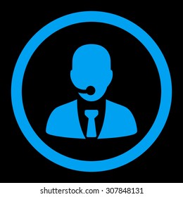 Call center operator vector icon. This rounded flat symbol is drawn with blue color on a black background.