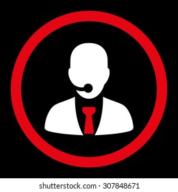 Call center operator vector icon. This rounded flat symbol is drawn with red and white colors on a black background.