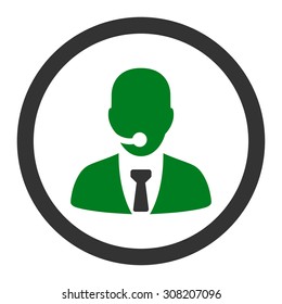 Call center operator vector icon. This rounded flat symbol is drawn with green and gray colors on a white background.