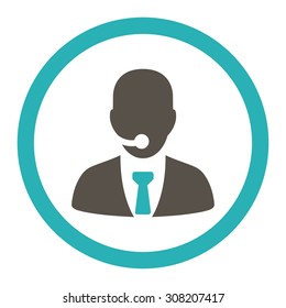 Call center operator vector icon. This rounded flat symbol is drawn with grey and cyan colors on a white background.