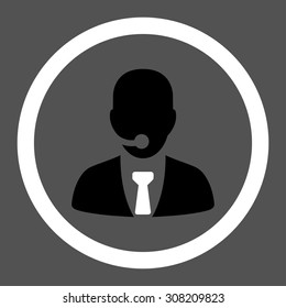 Call center operator vector icon. This rounded flat symbol is drawn with black and white colors on a gray background.