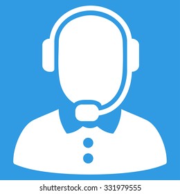 Call Center Operator vector icon. Style is flat symbol, white color, rounded angles, blue background.