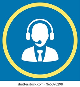 Call Center Operator vector icon. Style is bicolor flat circled symbol, yellow and white colors, rounded angles, blue background.