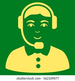 Call Center Operator vector icon. Flat yellow symbol. Pictogram is isolated on a green background. Designed for web and software interfaces.