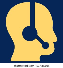 Call Center Operator vector icon. Flat yellow symbol. Pictogram is isolated on a blue background. Designed for web and software interfaces.