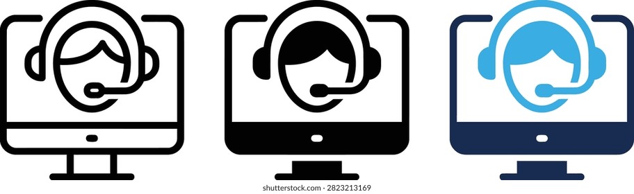 Call center operator vector icons collection featuring computer screen headsets.