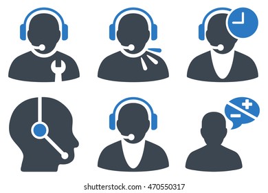 Call Center Operator vector icons. Icon style is bicolor smooth blue flat symbols with rounded angles on a white background.