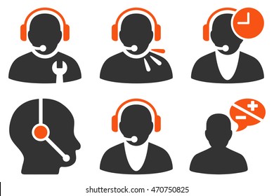 Call Center Operator vector icons. Pictogram style is bicolor orange and gray flat icons with rounded angles on a white background.