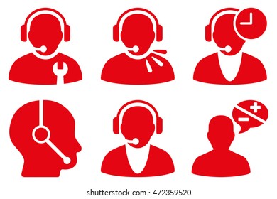 Call Center Operator vector icons. Pictogram style is red flat icons with rounded angles on a white background.