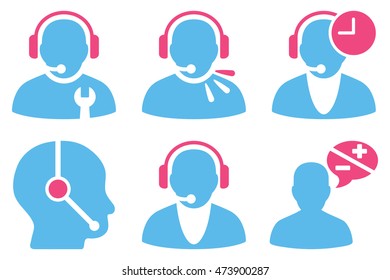 Call Center Operator vector icons. Pictogram style is bicolor pink and blue flat icons with rounded angles on a white background.
