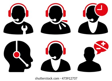 Call Center Operator vector icons. Pictogram style is bicolor intensive red and black flat icons with rounded angles on a white background.