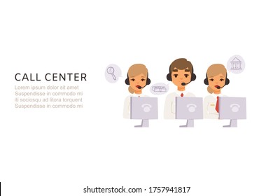 Call center operator, vector illustration. Communication work with customer in headphone business office, support service. Job at computer, woman man employee people manager character.