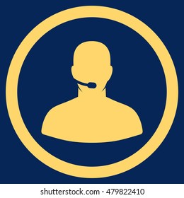 Call Center Operator vector rounded icon. Image style is a flat icon symbol inside a circle, yellow color, blue background.