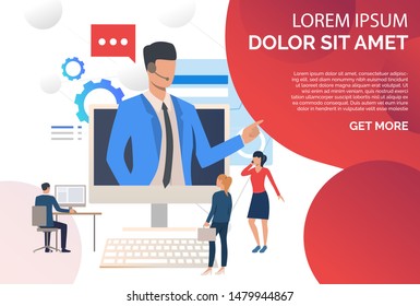 Call center operator wearing headset and consulting clients. Assistance, telemarketing concept. Presentation slide template. Vector illustration for topics like customer support, call center