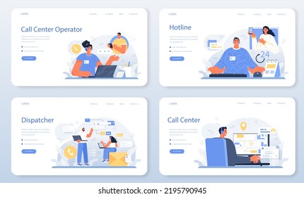 Call center operator web banner or landing page set. Technical support or customer service. Hotline consultant helps a customer providing them with valuable information. Flat vector illustration