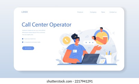 Call center operator web banner or landing page. Technical support or customer service. Hotline consultant helps a customer providing them with valuable information. Flat vector illustration