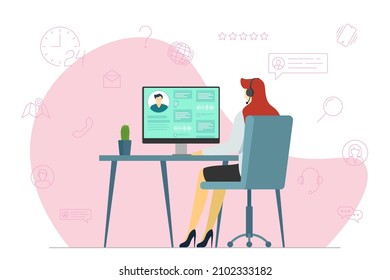 Call center operator woman and hot line service icons. Female helpline worker with headset at work. Online customer support department staff, telemarketing, consultation and assistance centre hotline