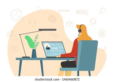 Call center operator woman and hotline service icons. Female helpline worker with headset at work. Online customer support department staff, telemarketing, consultation and assistance centre eps