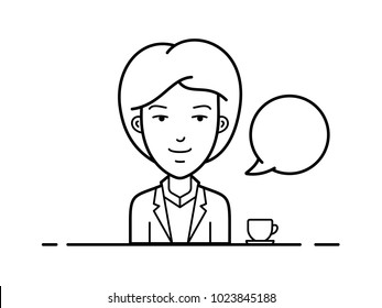 Call center operator. Woman sitting at the table and working in the office. Vector illustration. Chat bubble with avatar symbol. Vector icon of chat communication symbol
