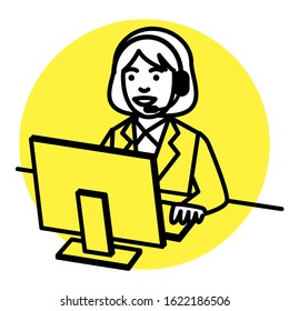 Call center operator. woman using headset and computer. Vector illustration.